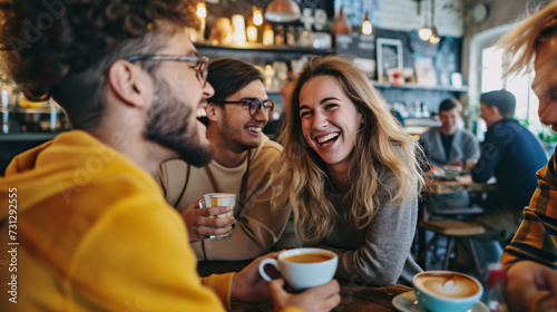 Group of friends enjoy laughter and conversation over coffee in a trendy industrial-style cafÃ©. photo