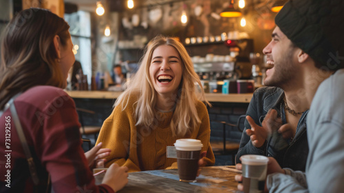 Group of friends enjoy laughter and conversation over coffee in a trendy industrial-style cafÃ©.