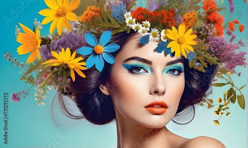 Young woman with colorful flowers in her heir © LG Art Creation