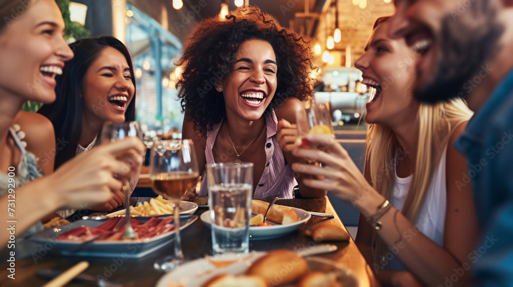A vibrant and heartwarming image capturing a close-knit group of friends joyfully sharing a meal, their laughter echoing through the air. Genuine social connections and a delightful atmosphe