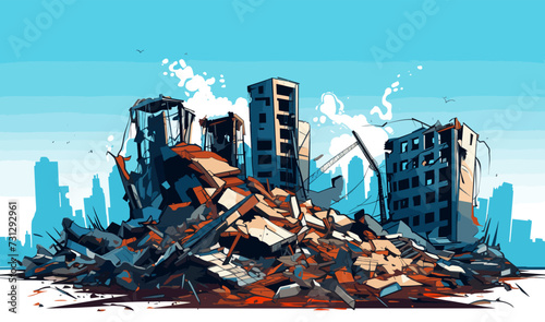 destroyed city demolished buildings vector flat isolated illustration