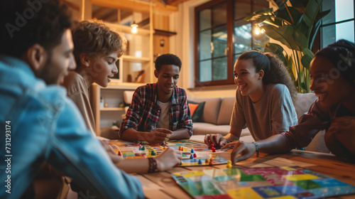 Friends bonding over a lively board game in a warm and inviting living room, creating lasting memories.