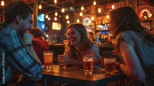 A lively group of friends huddled around a table at a beautifully lit bar, engaging in an exciting trivia game filled with laughter and competition.