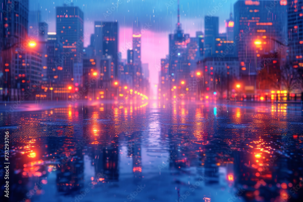 An energetic cityscape at twilight with neon lights illuminating the buildings in lively shades, creating an electric urban atmosphere. Concept of a dynamic city nightlife. Generative Ai.