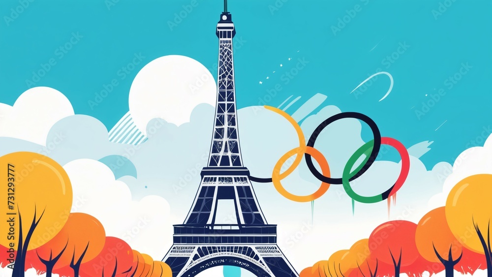 A postcard with an illustration with a view of the Olympic fictional objects against the background of the Eiffel Tower with the Olympic rings, surrounded by picturesque trees