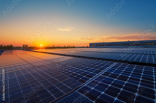 Photovoltaic solar panels on a roof at sunset
