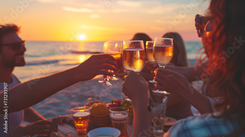 A vibrant group of friends raise their glasses in a joyous toast at a mesmerizing sunset beach party, capturing the essence of celebration and the true meaning of friendship.