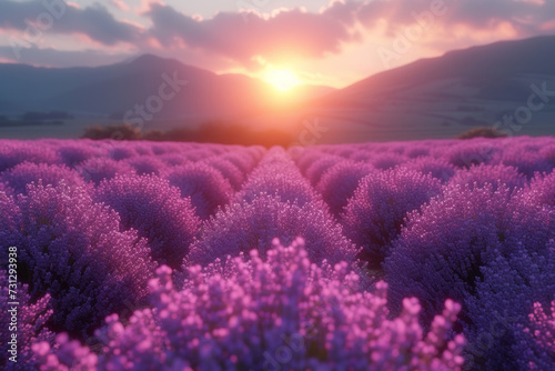 A radiant sun setting over a lavender field, casting a warm and dreamy glow over the landscape. Concept of nature's enchanting hues. Generative Ai. © Sebastian