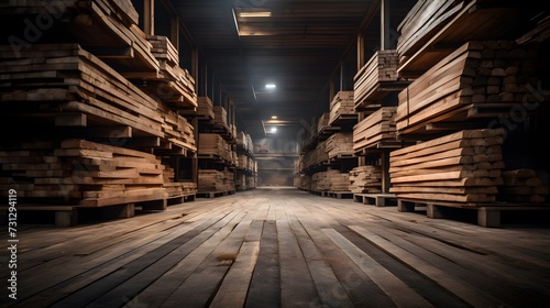 Stacked wooden beams in the warehouse 