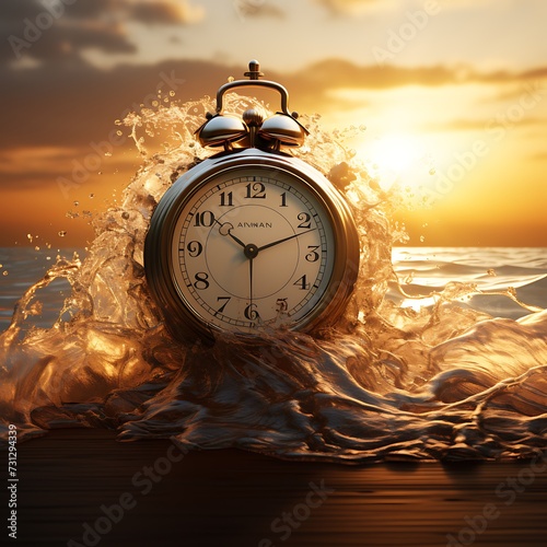 A classic alarm clock is swept by a vibrant ocean wave under a golden sunset, blending concepts of time and nature.