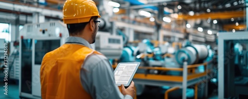 industrial male worker checking goods inventory wearing paper hat using touch screen tablet. he worked in an automotive industry manufacturing plant