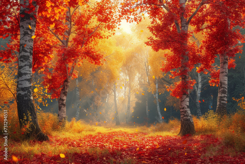 A radiant autumn landscape with trees adorned in warm red, orange, and yellow foliage, creating a picturesque autumnal setting. Concept of vibrant fall colors. Generative Ai.