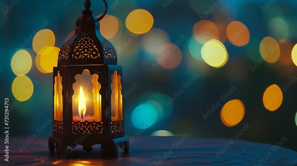 Ornamental Arabic lantern with burning candle glowing at night Ramadan Kareem concept Ornamental Arabic lantern with burning candle glowing at night Ramadan Kareem concept