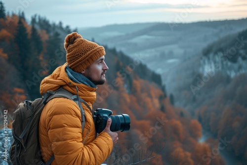 Travel photogrrapher on a top of a mountain and enjoying the view