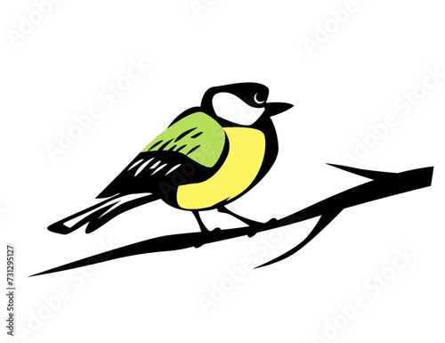 The tit bird sits on a branch. Isolated image for prints, poster and illustrations.