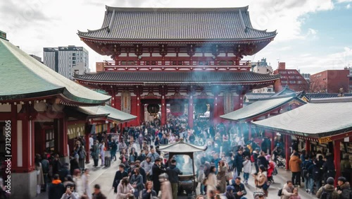 Timelapse view of crowds at the historic Senso-ji temple in Asakusa, Tokyo, Japan. 