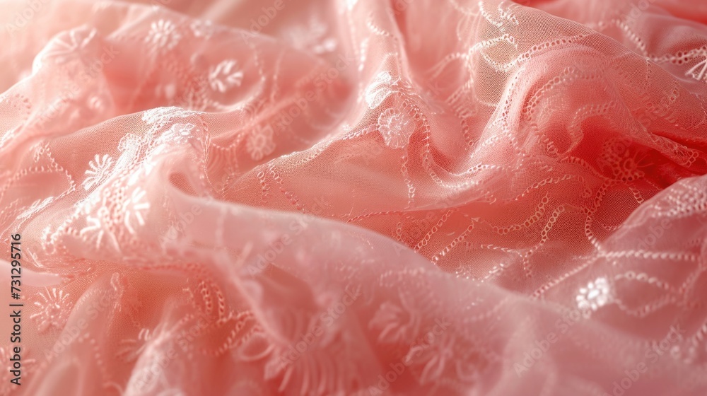 A zoomed-in shot of a Coral Pink lace fabric, showcasing its delicate patterns, fine threads, and soft color, occupying the entire screen with its intricate, transparent texture A zoomed-in shot of a Coral Pink lace fabric, showcasing its delicate patterns, fine threads, and soft color, occupying the entire screen with its intricate, transparent texture