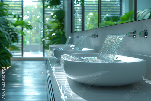 A sustainable bathroom featuring low-flow water fixtures and water-recycling technologies, reducing overall water consumption. Concept of water-efficient hygiene. Generative Ai.