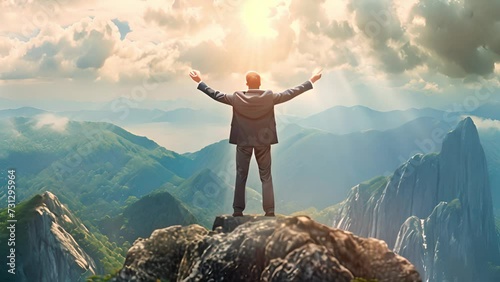 Victory and success concept! Strong confident businessman celebrating on top of mountain overlooking against nature landscape with clouds and mountains. Businessman on mountain peak raising arms  photo