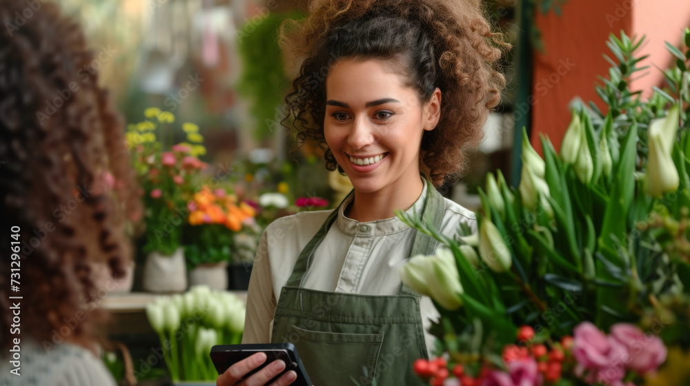 A cheerful florist in an apron is engaging with a customer in a vibrant flower shop filled with an assortment of blooms.