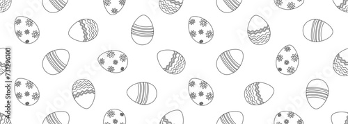 Easter contour background with Easter eggs. Black and white. Template for coloring, fabric, wallpaper, wrapping paper. Vector illustration.