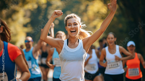 A group of energetic runners participating in a charity marathon, encouraging and supporting each other with smiles and high-fives. Feel the unity and determination as they race through the