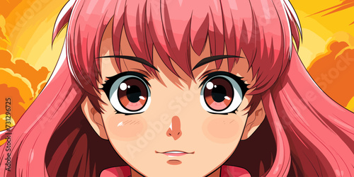 Anime poster. Kawaii winking school girl face with big eyes in manga style vector flat bright colors