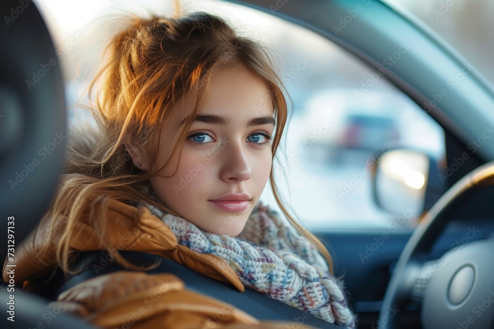 A young woman gazes pensively into the rearview mirror of her car, her human face reflecting the world passing by outside as she contemplates her journey ahead