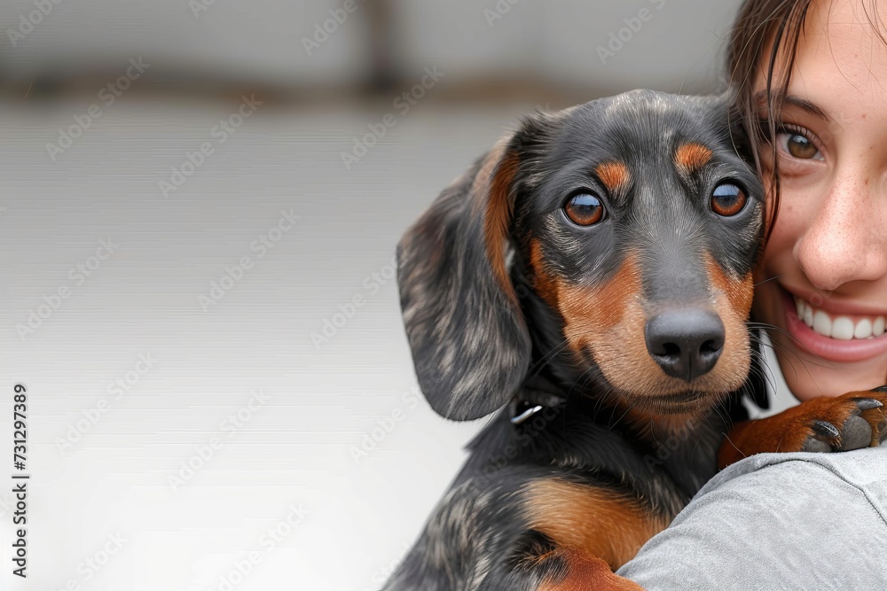 A joyful dachshund poses with a person, flashing a charming smile while gazing into the camera as the perfect pet
