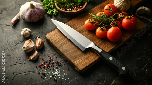 A stunning high-end chef's knife mockup displayed on a rustic cutting board, highlighting its impeccable precision craftsmanship and sleek, timeless design. The handle is intentionally left photo