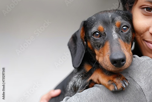A happy dachshund perches on its owner's shoulder, smiling for the camera in their cozy indoor setting photo