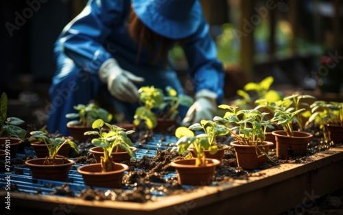 Gardener transplanting seedlings into individual pots in a greenhouse, demonstrating care and growth © Ihor