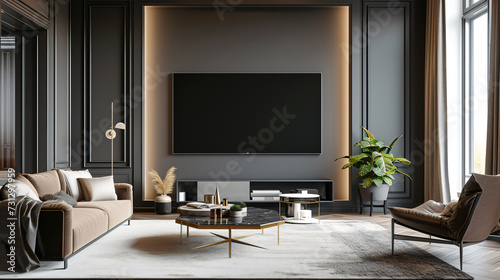 A stunning wall-mounted TV mockup in a luxurious living room, exuding elegance and sophistication. The sleek design and modern appeal of this high-end TV complements any upscale interior dec photo