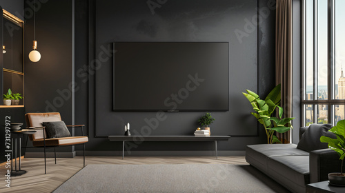 A stunning high-end wall-mounted TV mockup in a luxurious living room, exuding elegance and sophistication. The sleek design and modern aesthetic make it a perfect centerpiece for any upscal