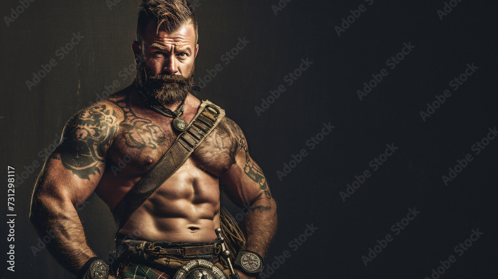 A rugged and muscular highland games athlete in his late 30s, radiating an aura of untamed strength and deep cultural pride. Dressed in a traditional kilt and a fitting T-shirt, he stands ta - obrazy, fototapety, plakaty 