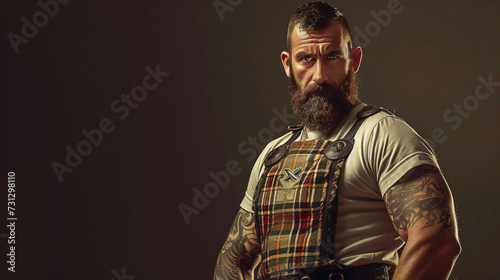 A formidable highland games athlete in his late 30s showcasing immense strength and unwavering cultural pride. He confidently wears a traditional kilt paired with a casual yet stylish T-shir photo