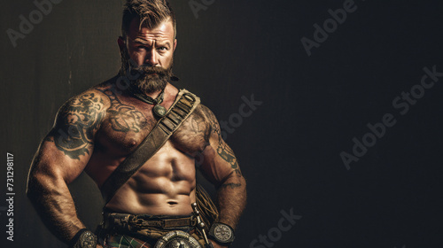 A rugged and muscular highland games athlete in his late 30s, radiating an aura of untamed strength and deep cultural pride. Dressed in a traditional kilt and a fitting T-shirt, he stands ta photo