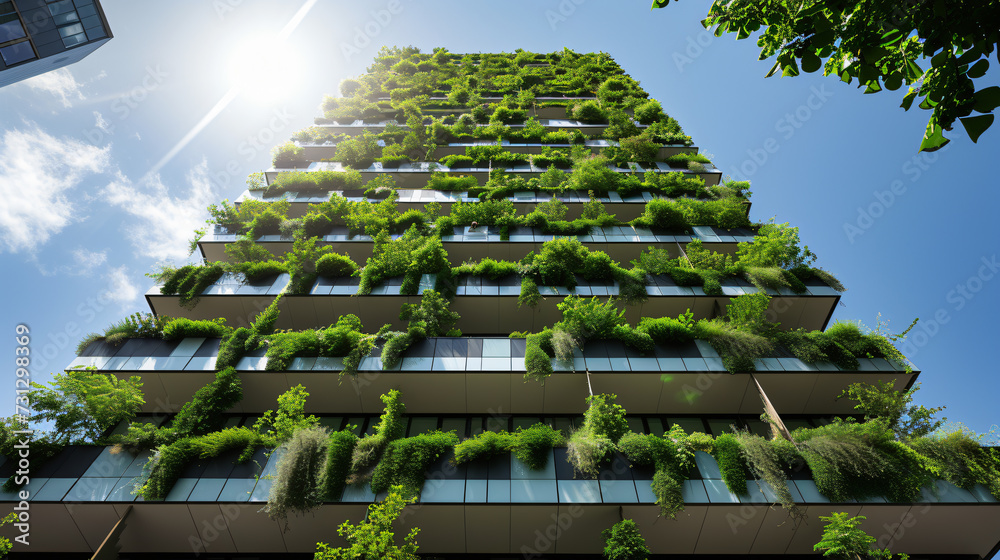 Fototapeta premium A stunning high-rise green building with lush living walls and state-of-the-art renewable energy systems to reduce its environmental impact.
