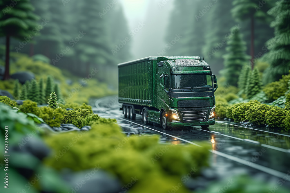A green logistics company optimizing transportation routes for fuel efficiency and emissions reduction. Concept of sustainable logistics. Generative Ai. - obrazy, fototapety, plakaty 