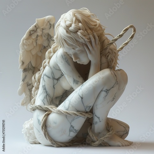 White marble female angel statue tied with rope, side view, kneeling, wings, gray background