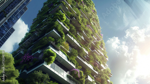 A stunning high-rise green building featuring lush living walls and innovative renewable energy systems, seamlessly blending nature and technology to minimize its environmental impact.