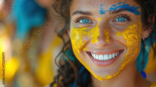 A happy Ukrainian woman with a face painted in the colors of the Ukrainian flag, yellow and blue