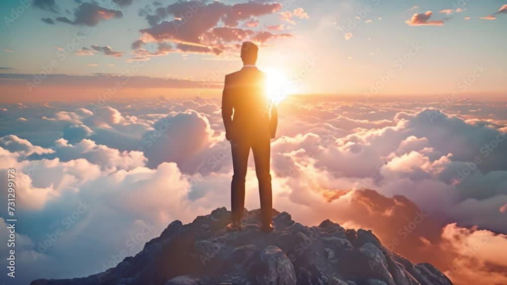 Successful Business man standing on the top of the mountain looking at the view. Business success concept 4k video leader