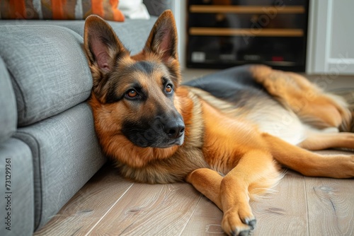 A regal german shepherd lounges on a plush sofa, its rich brown coat blending into the warm floor beneath, embodying the perfect indoor pet