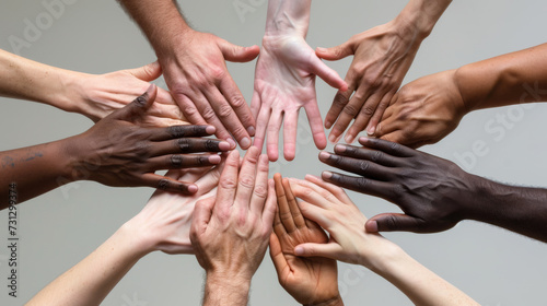 overhead view of multiple hands of diverse skin tones coming together in the center, symbolizing unity and teamwork © MP Studio