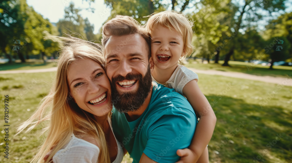 A happy family of three with a young child on the father's shoulders, all smiling and enjoying a sunny day outdoors in the park. A happy family of three with a young child on the father's shoulders, all smiling and enjoying a sunny day outdoors in the park.