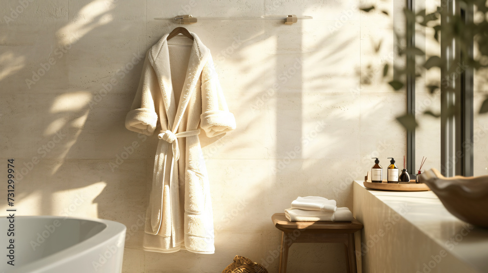 Luxuriate in ultimate comfort with this plush bathrobe mockup. Hanging in a serene spa bathroom, it exudes opulence and promises a premium experience. Wrap yourself in its softness and indul - obrazy, fototapety, plakaty 