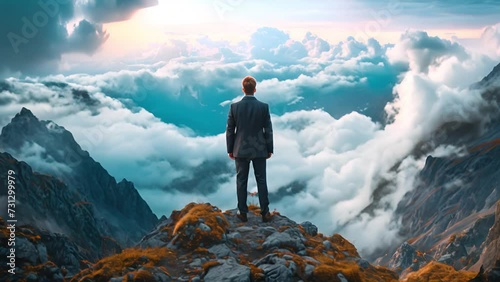 Successful Business man standing on the top of the mountain looking at the view. Business success concept 4k video leader photo