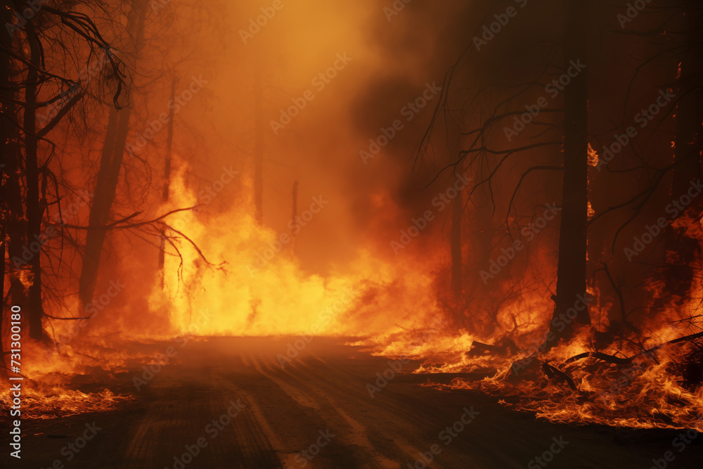 Inferno Unleashed: Ground-Level View of Wildfire Ravaging Forest Inferno Unleashed: Ground-Level View of Wildfire Ravaging Forest
