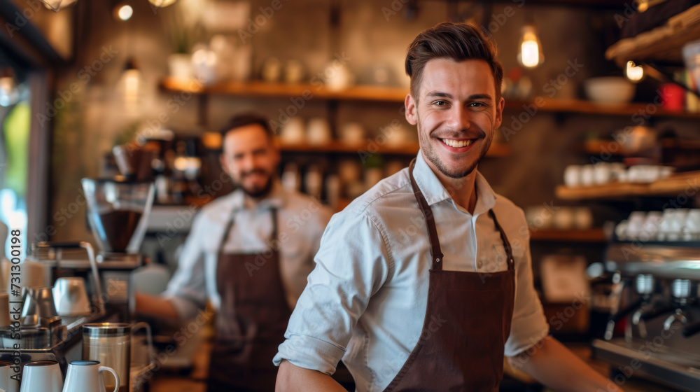 two smiling men in a cafe, one in the foreground wearing a white shirt and leather apron two smiling men in a cafe, one in the foreground wearing a white shirt and leather apron